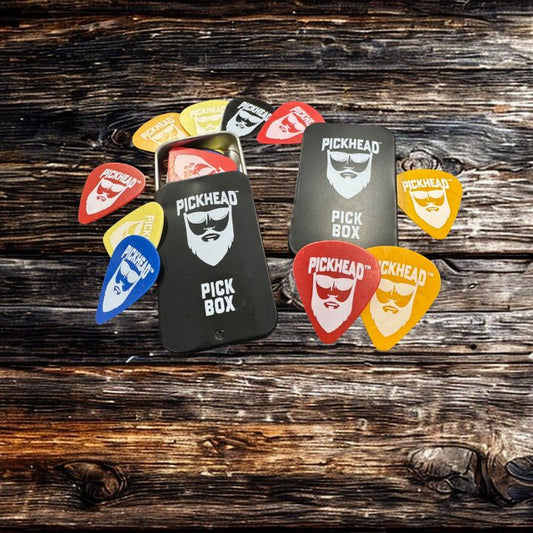 PickHead™️ PickBox – Premium Guitar Picks in a Collector’s Tins - 2 PickBoxes (.41 mm, .71 mm, .96 mm and Assorted)